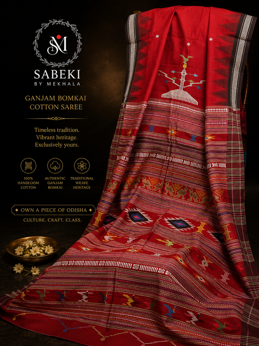 Dark Red Ganjam Bomkai Cotton Saree with Black Phoda Kumbh Border Handwoven in Odisha