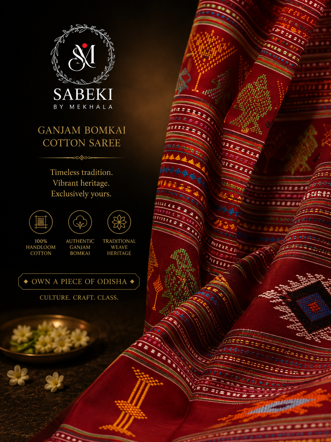 Dark Red Ganjam Bomkai Cotton Saree with Black Phoda Kumbh Border close up | Handwoven Odisha Heritage Weave