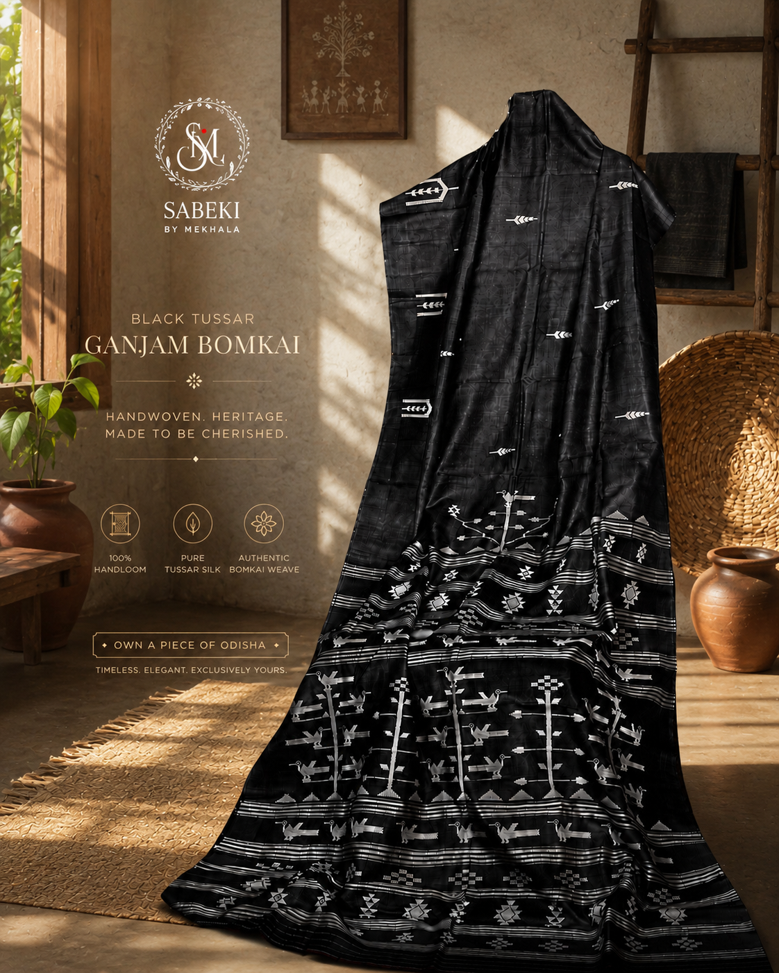Ganjam Bomkai (Tussar) in Steel Gray body and off white thread
