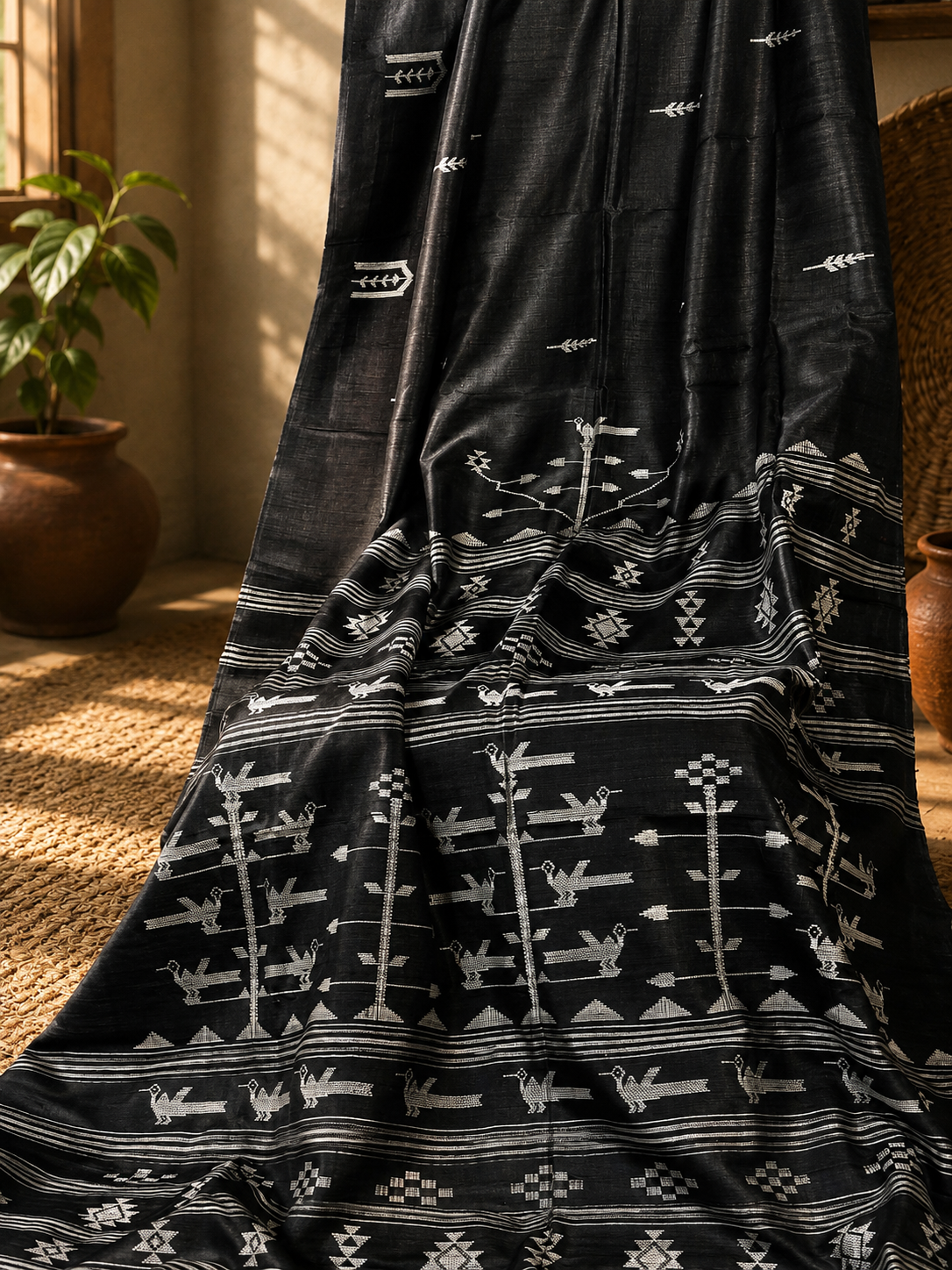 Ganjam Bomkai (Tussar) in Steel Gray body and off white thread In close up