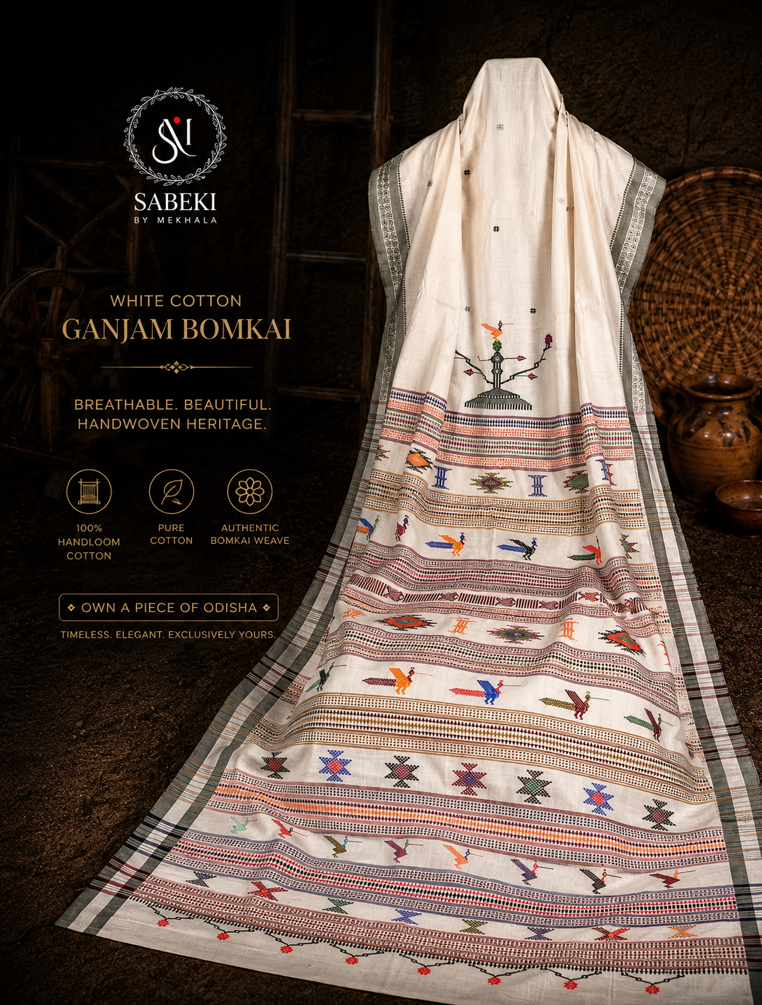 Ganjam Bomkai (cotton) in white body and Olive Green borders