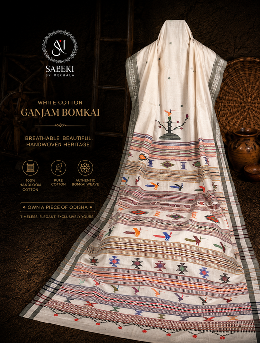 Ganjam Bomkai (cotton) in white body and Olive Green borders