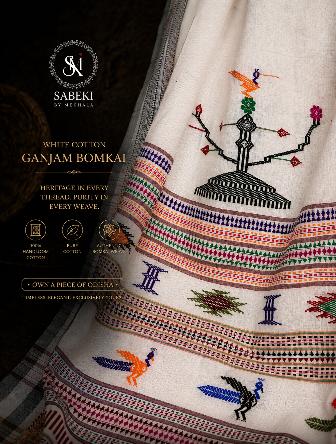 Ganjam Bomkai (cotton) in white body and Olive Green borders Body close up
