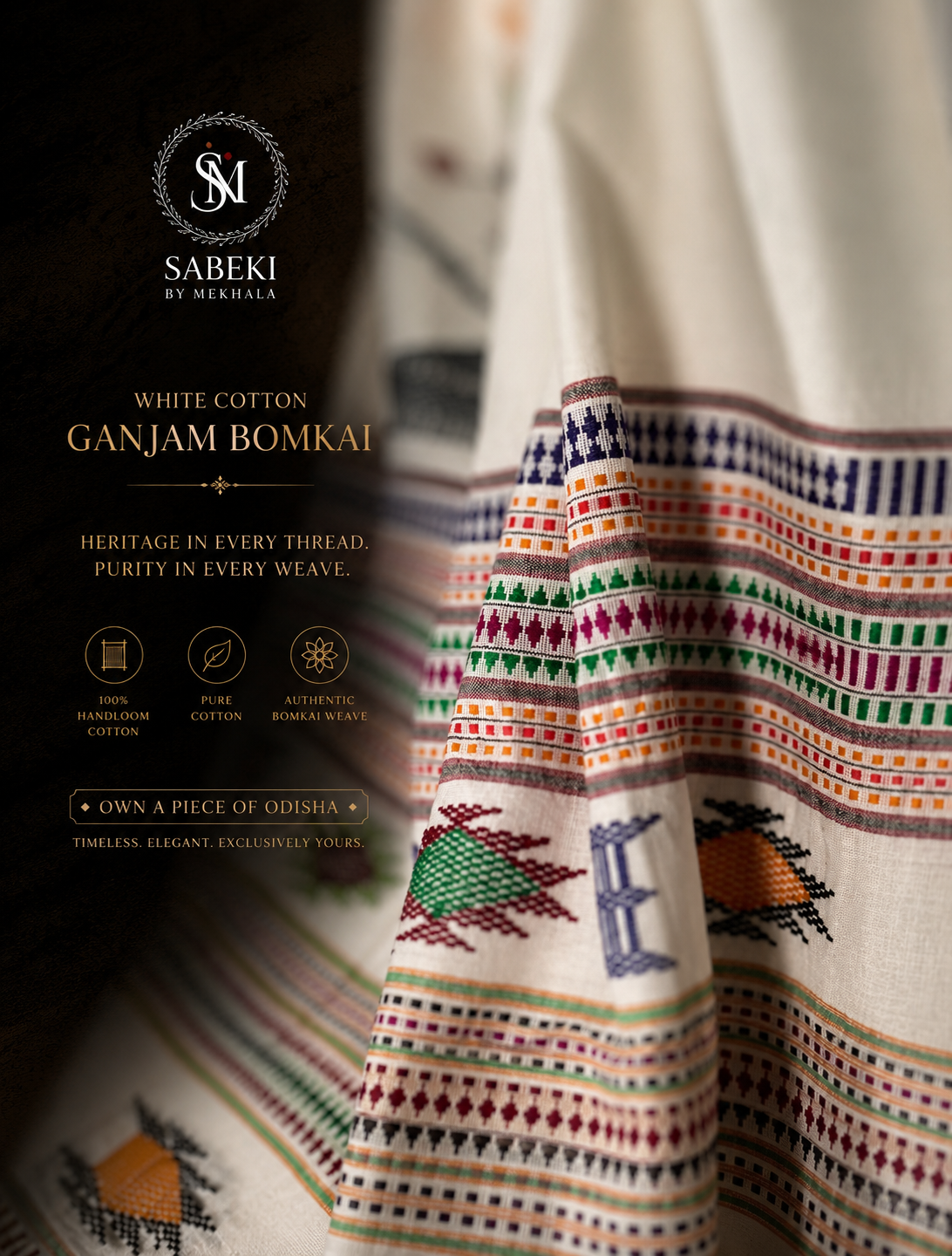 Ganjam Bomkai (cotton) in white body and Olive Green borders close up of fabric