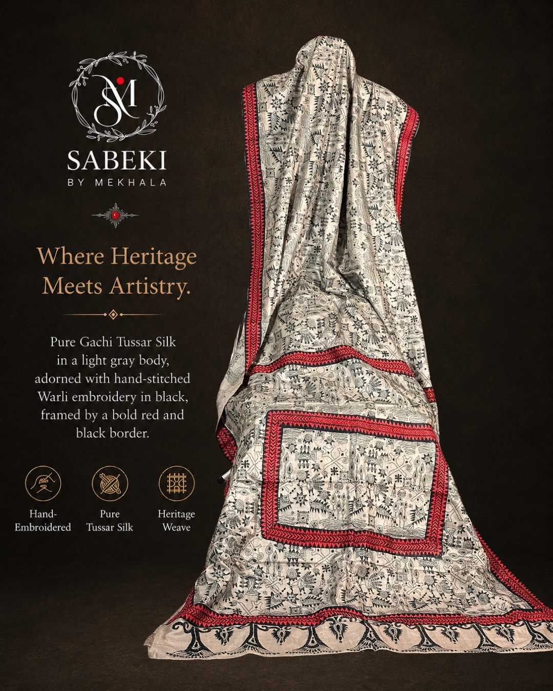 Gray Tussar silk saree with black Kantha embroidery and red-black border