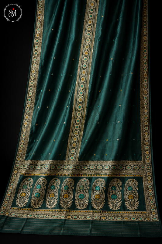 Revival Bottle-Green Handwoven Silk Baluchari Saree - 3 Border Pachapere