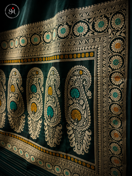 Revival Bottle-Green Handwoven Silk Baluchari Saree - 3 Border Pachapere