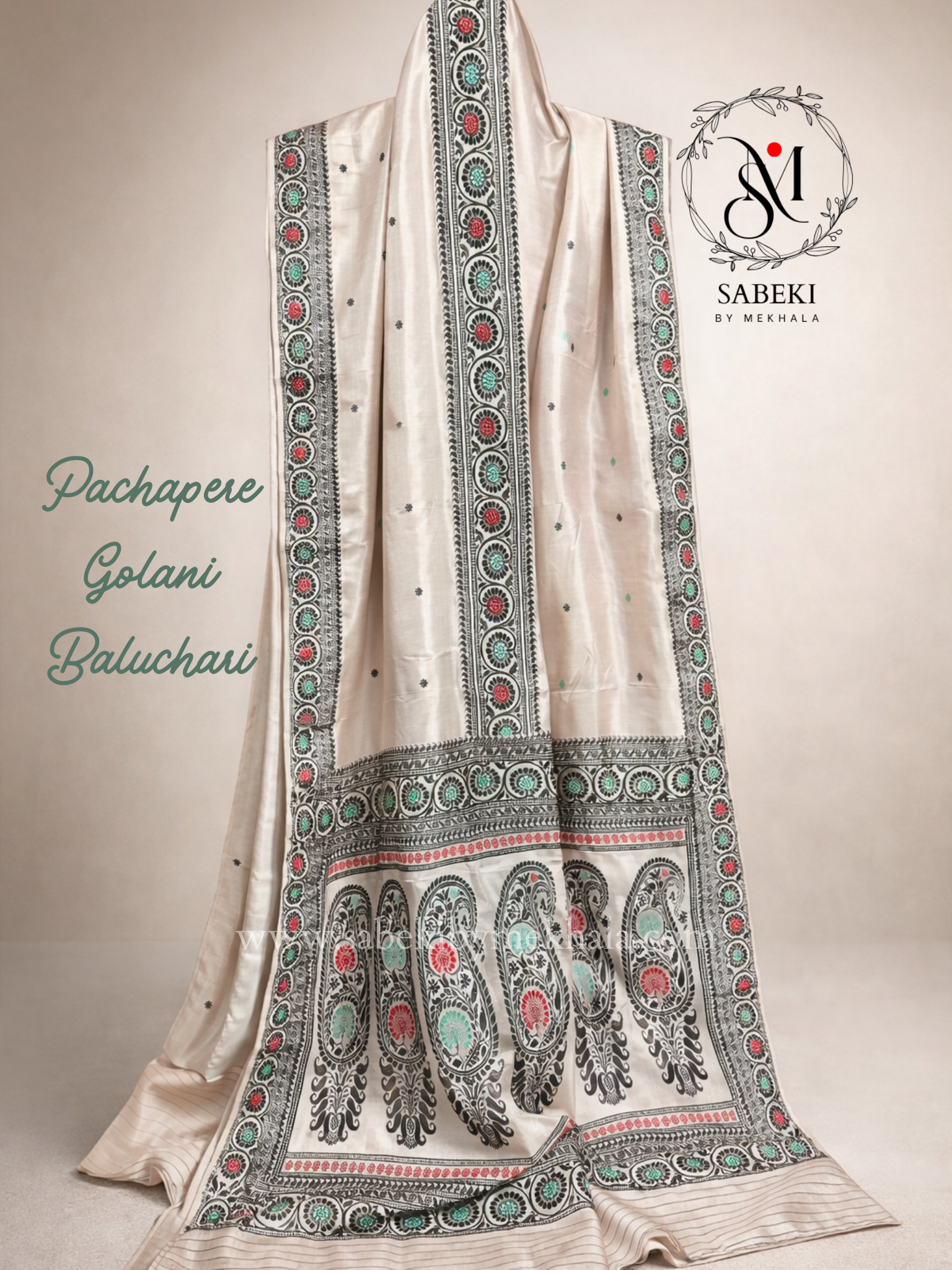 Greyish-white pure silk revival Baluchari saree featuring a triple-border Pachapere layout and high-contrast black Meenakari paisley motifs by Sabeki By Mekhala.