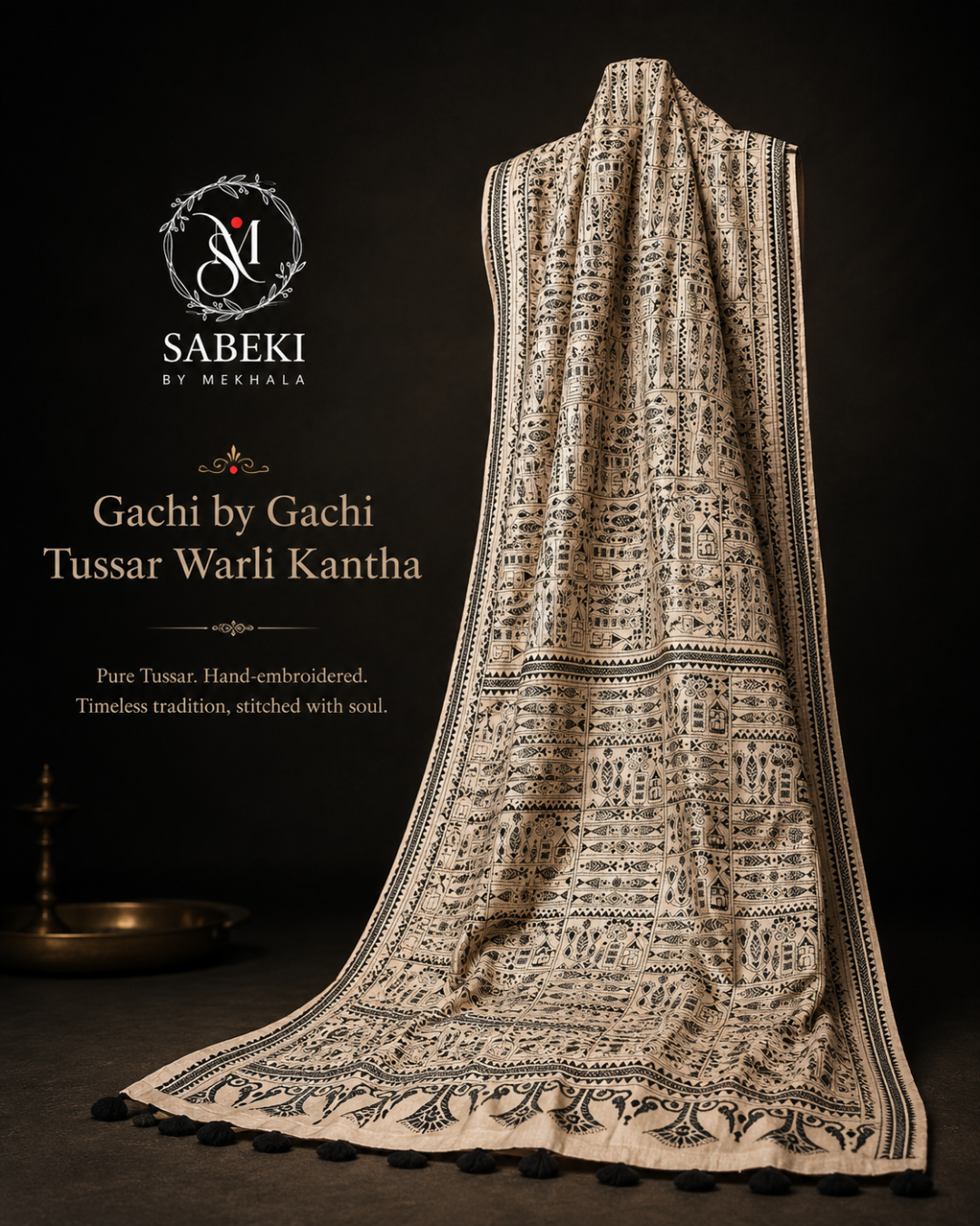 Hand embroidered monochrome Warli Kantha saree on pure Gachi Tussar silk at Sabeki By Mekhala