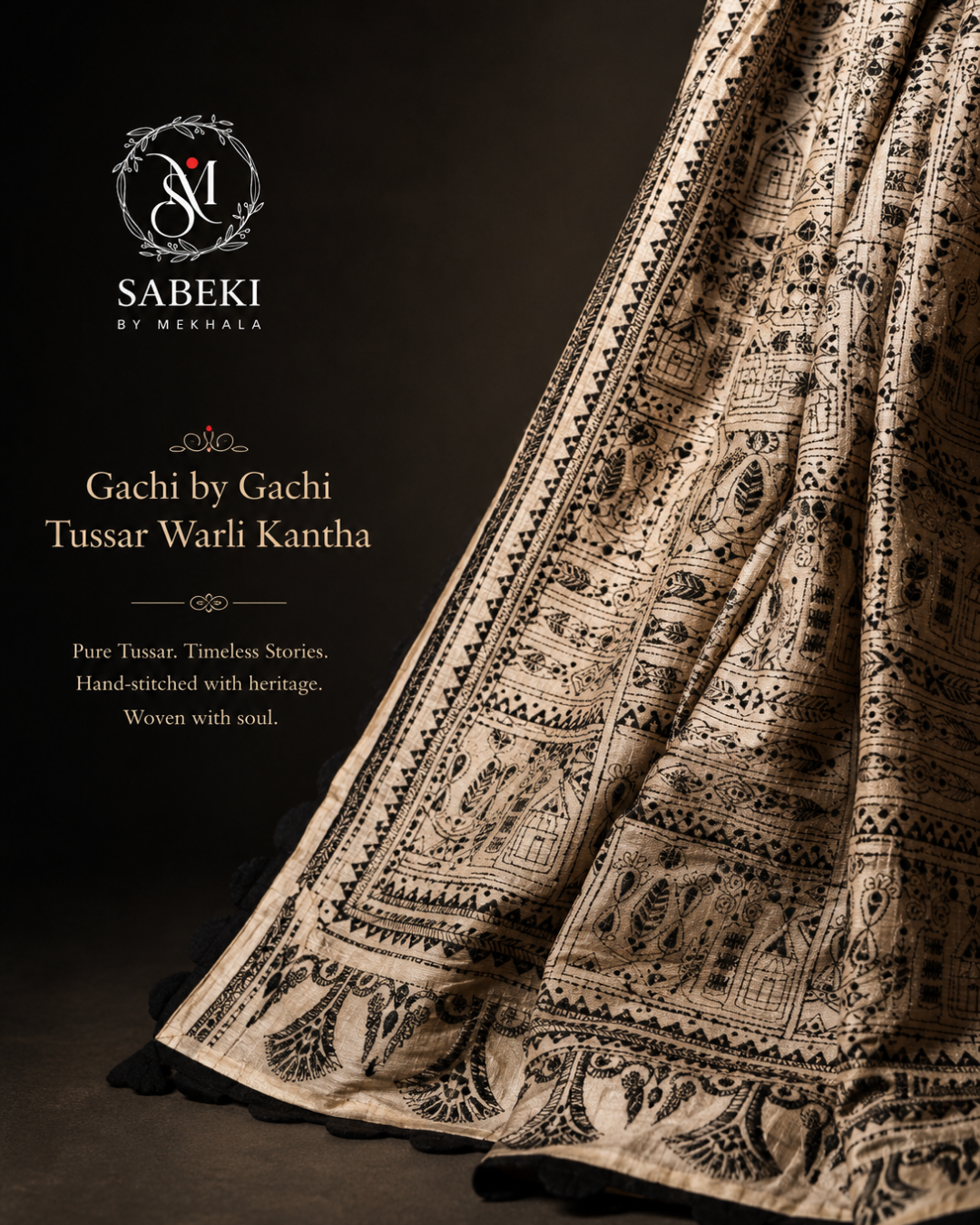 Luxury handcrafted Gachi Tussar silk saree with indigenous Warli art at Sabeki By Mekhala USA