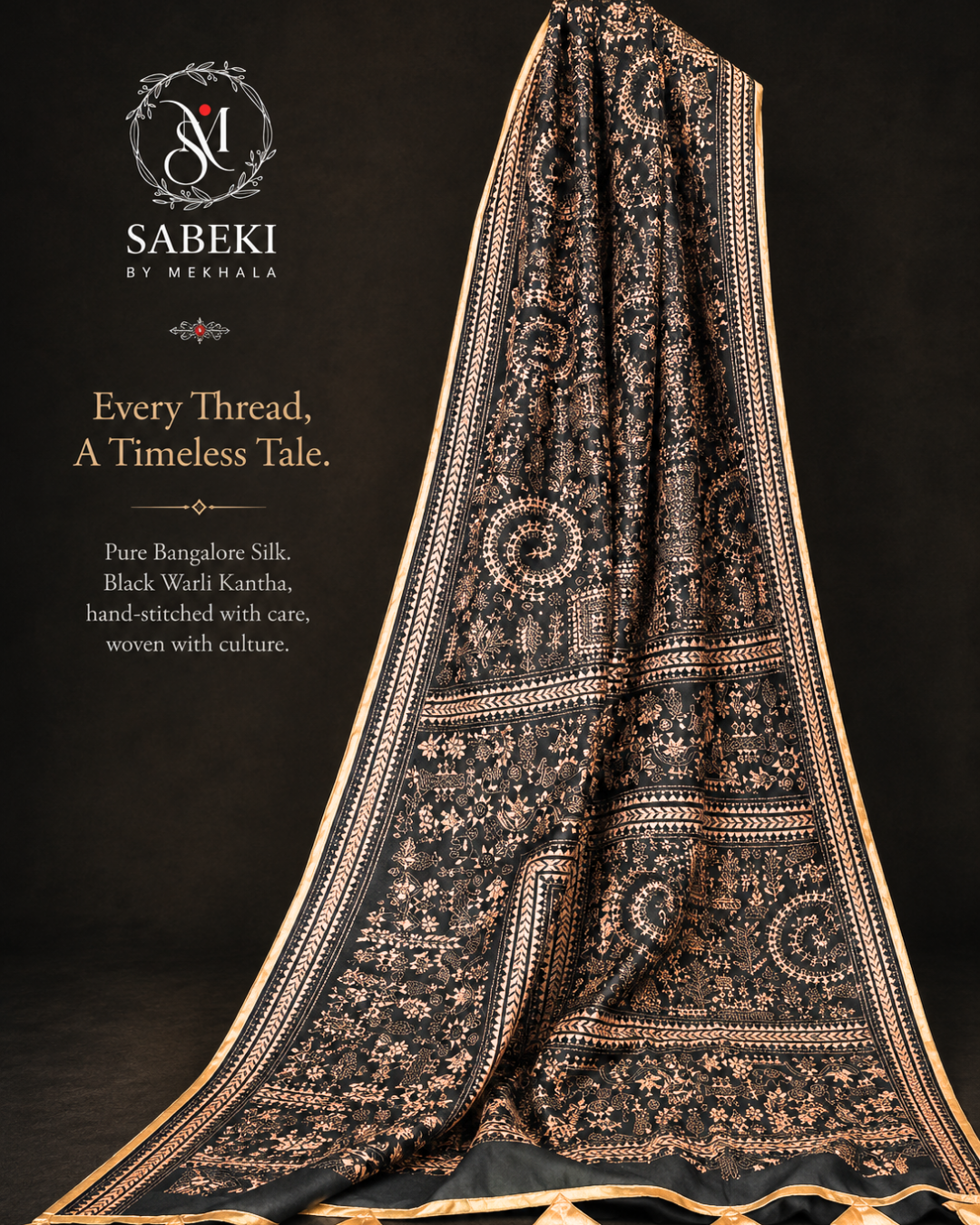 Luxury handcrafted Warli Kantha saree for weddings and cultural occasions