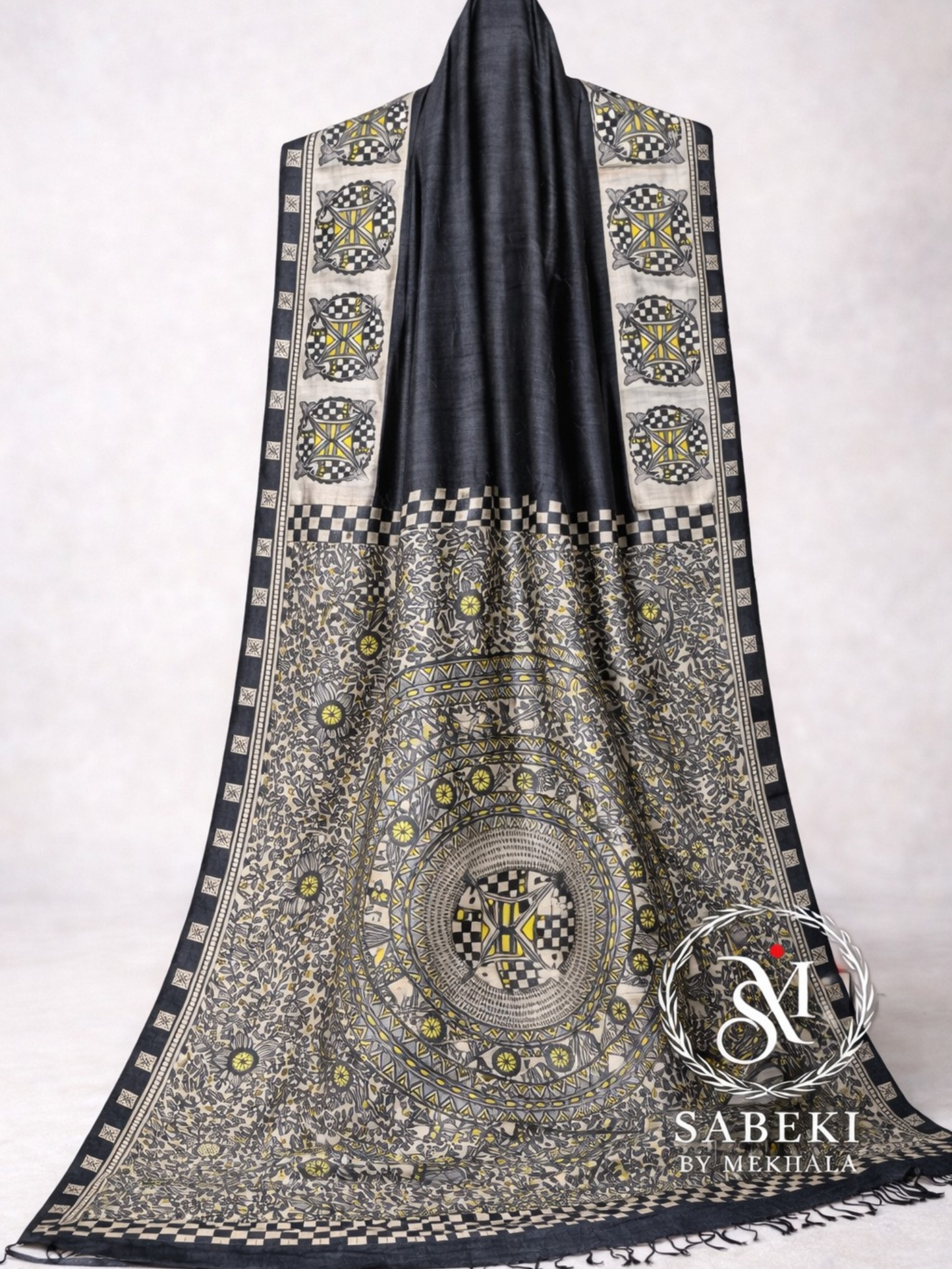 Full view of Madhubani silk saree with traditional fish motifs