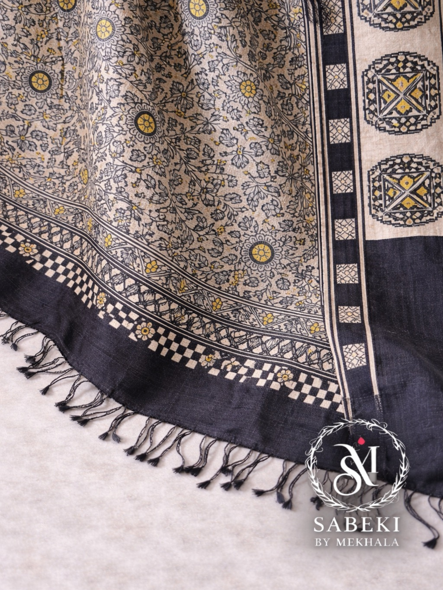 Madhubani floral and geometric border hand-painted on silk
