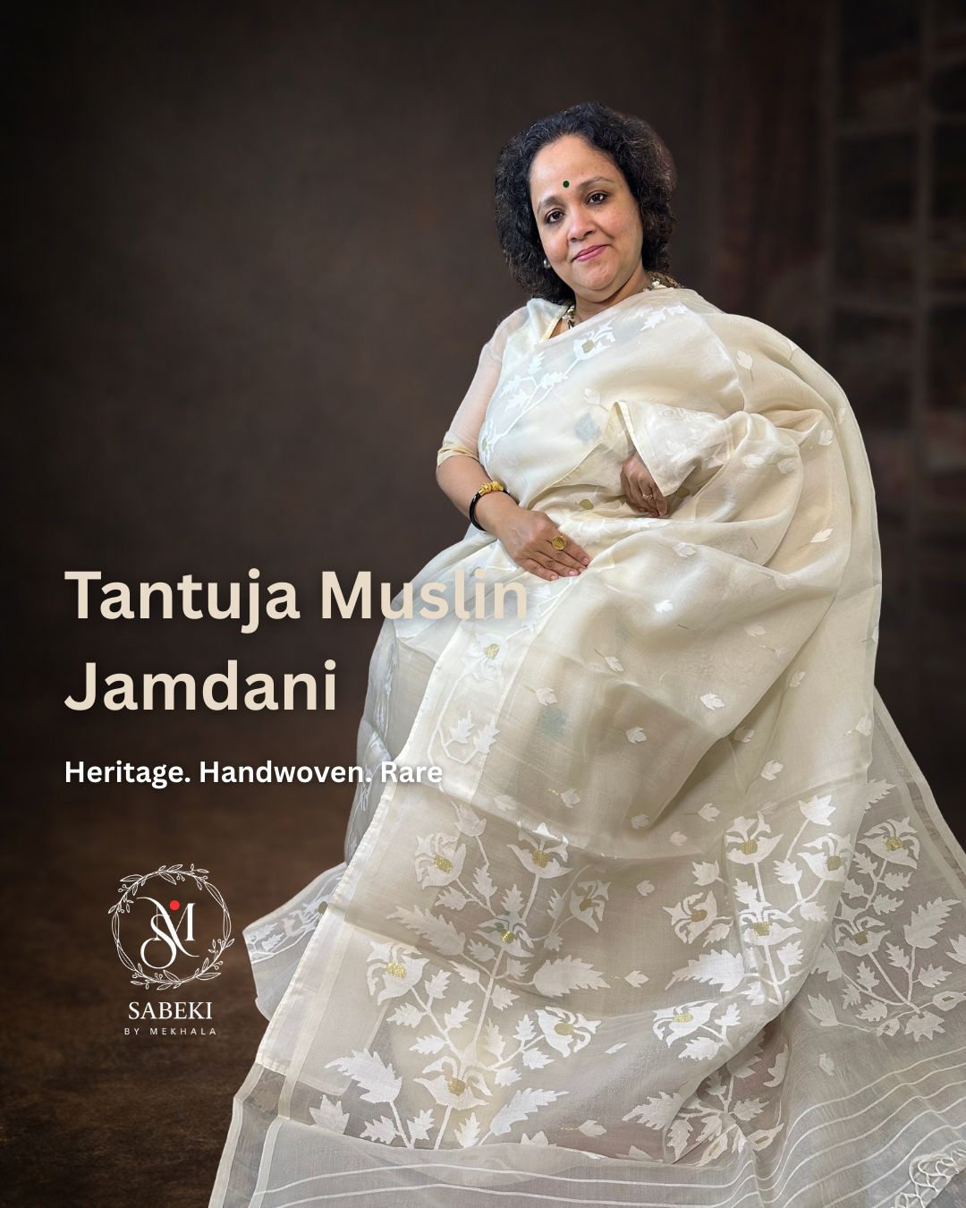 virgin color Tussar Tantuja Jamdani saree