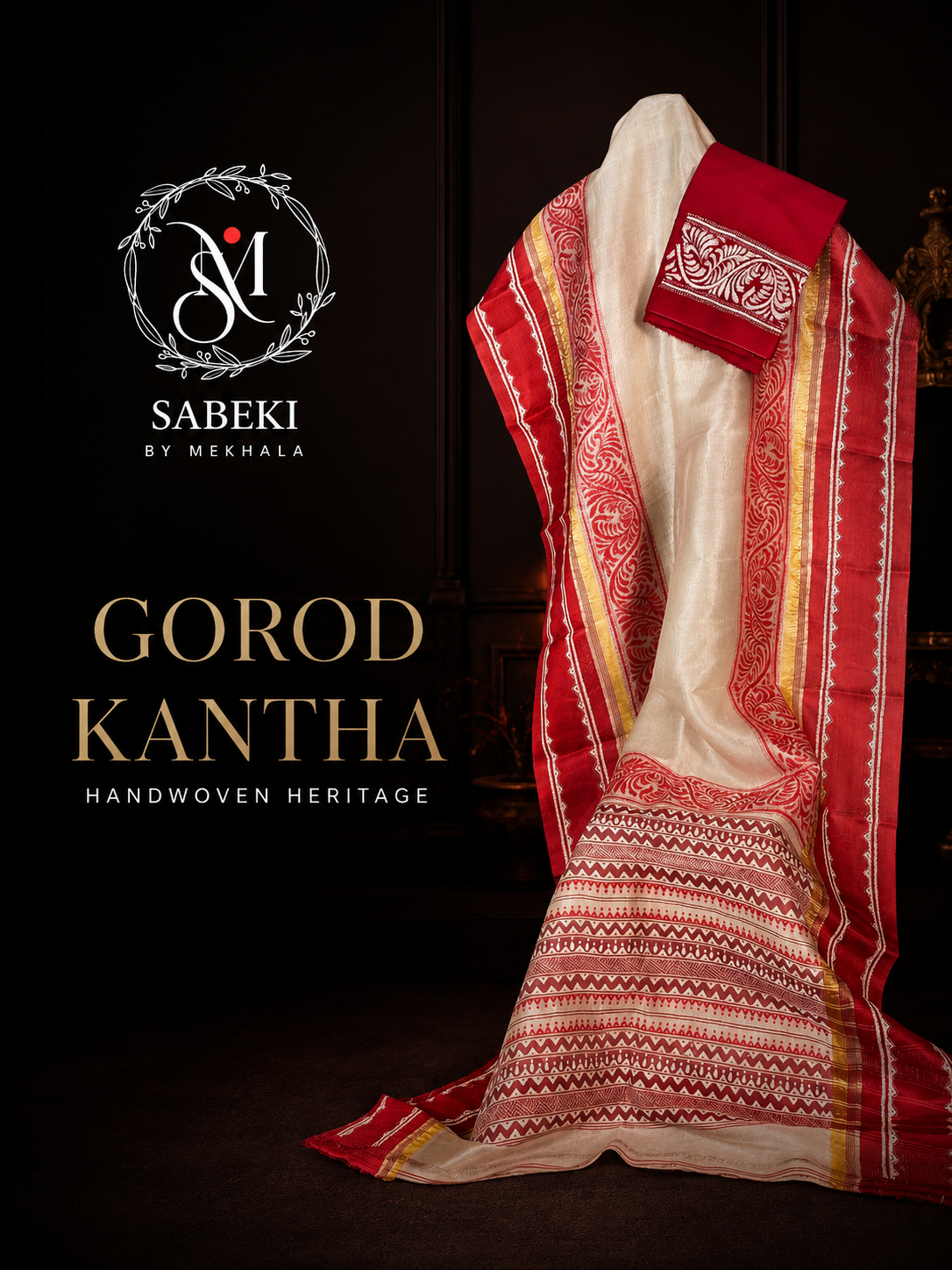 Traditional red and white Bengal Gorod silk saree Alpona Kantha  | Sabeki By Mekhala