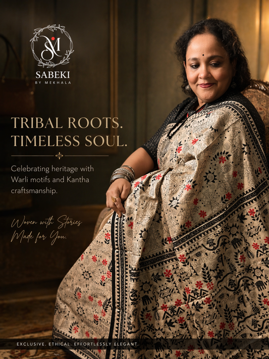 Artisan-made Warli Kantha saree detail showing intricate hand stitching