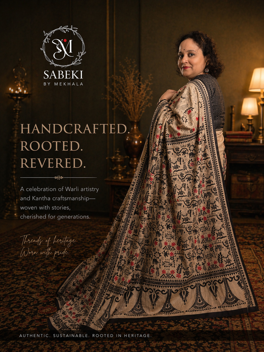 Woman wearing hand embroidered Warli Kantha saree on pure Gachi Tussar silk 
