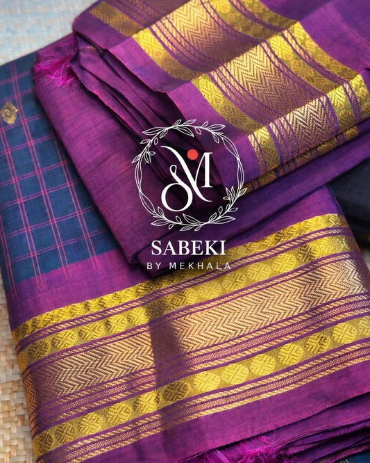 Peacock Blue and Dark Purple Silk-Cotton Checkered Gadwal