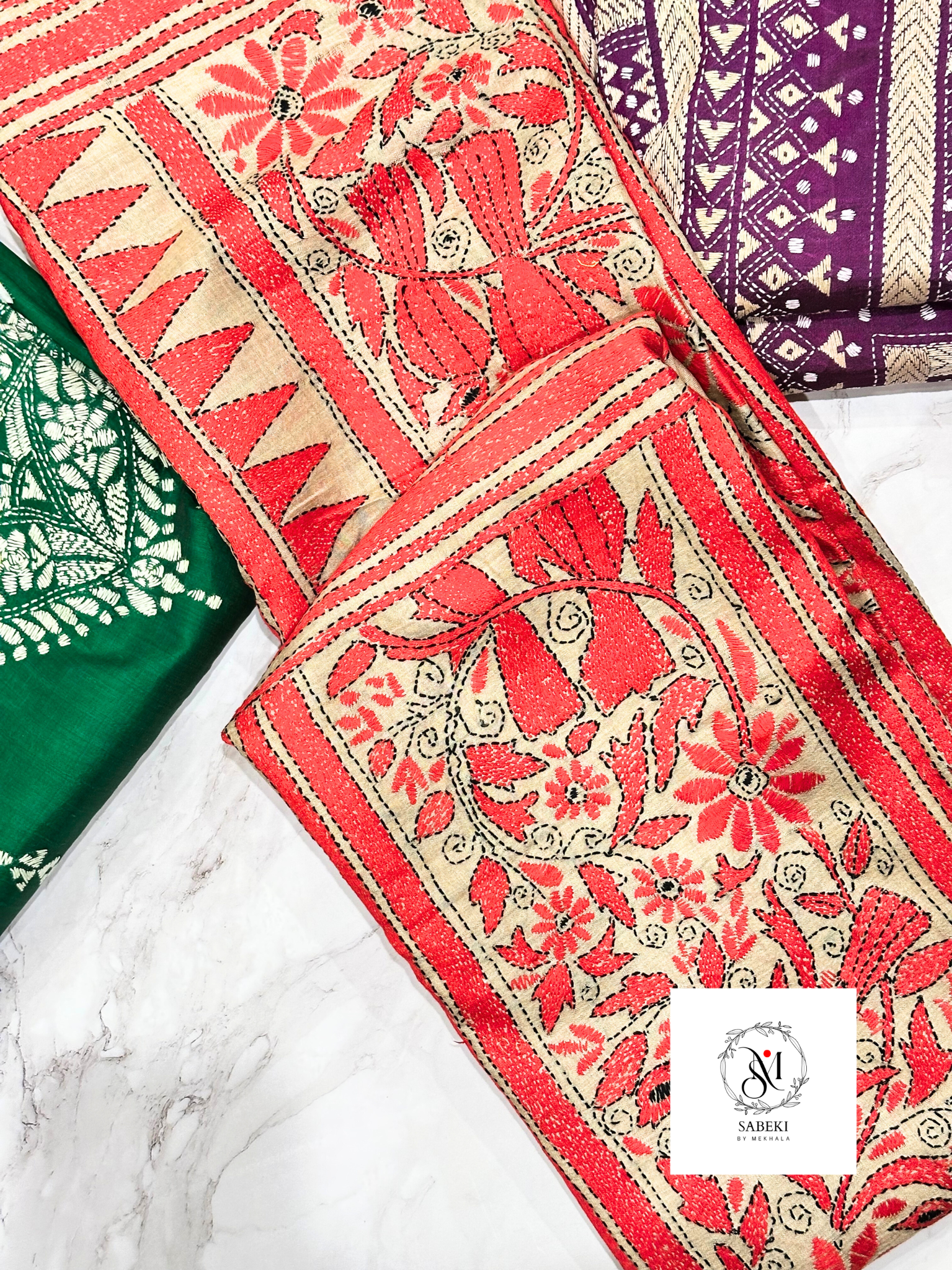 Red and Back Bird Kantha on Gachi Tussar