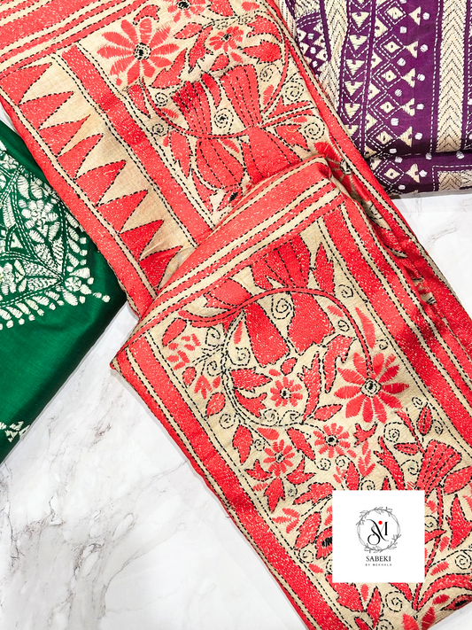 Red and Back Bird Kantha on Gachi Tussar