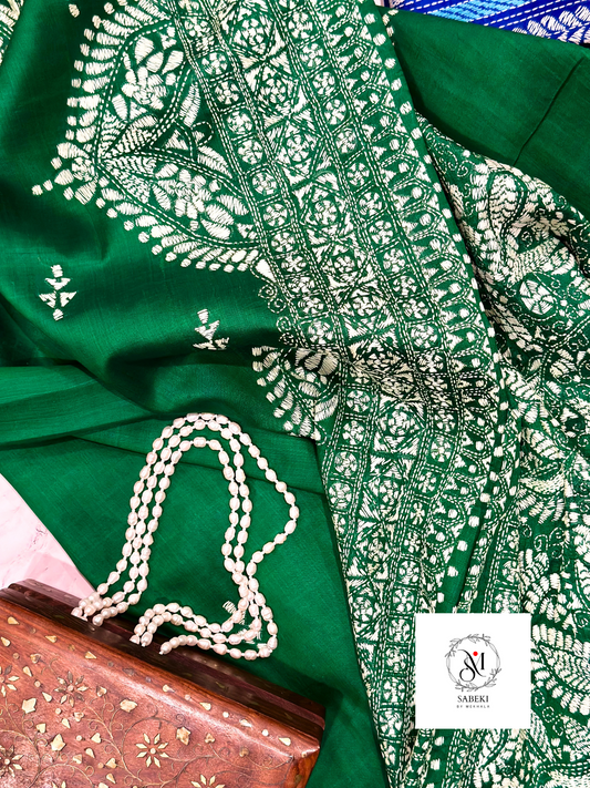Green and White Nokshi Kantha