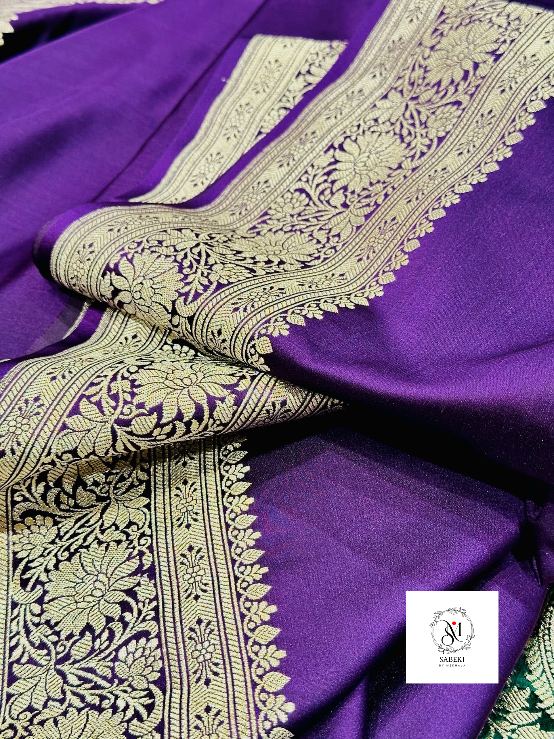 Handwoven Purple-Blue Mashru Katan Banarasi