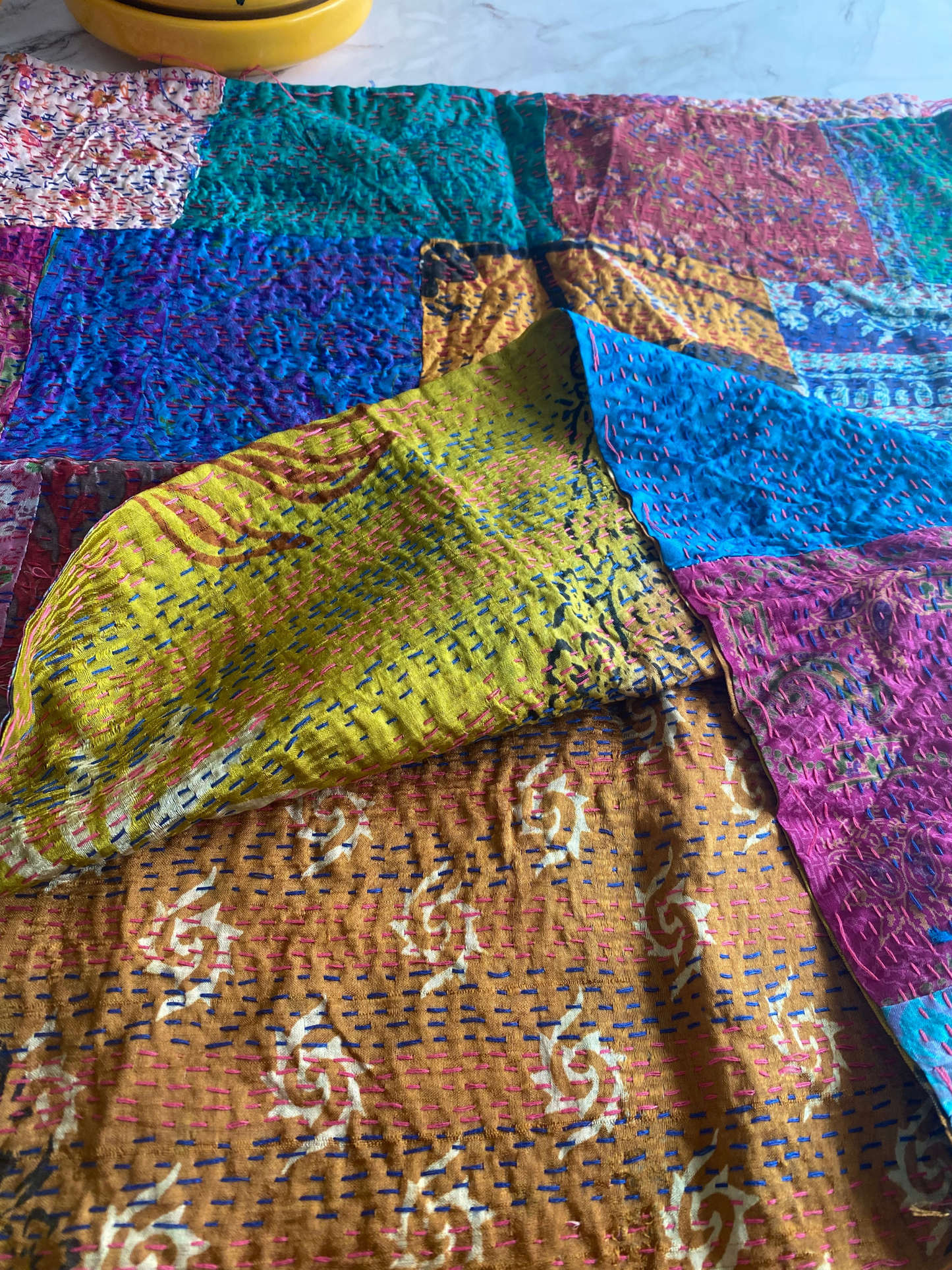 Reversible silk kantha stole