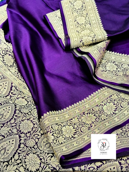 Handwoven Purple-Blue Mashru Katan Banarasi