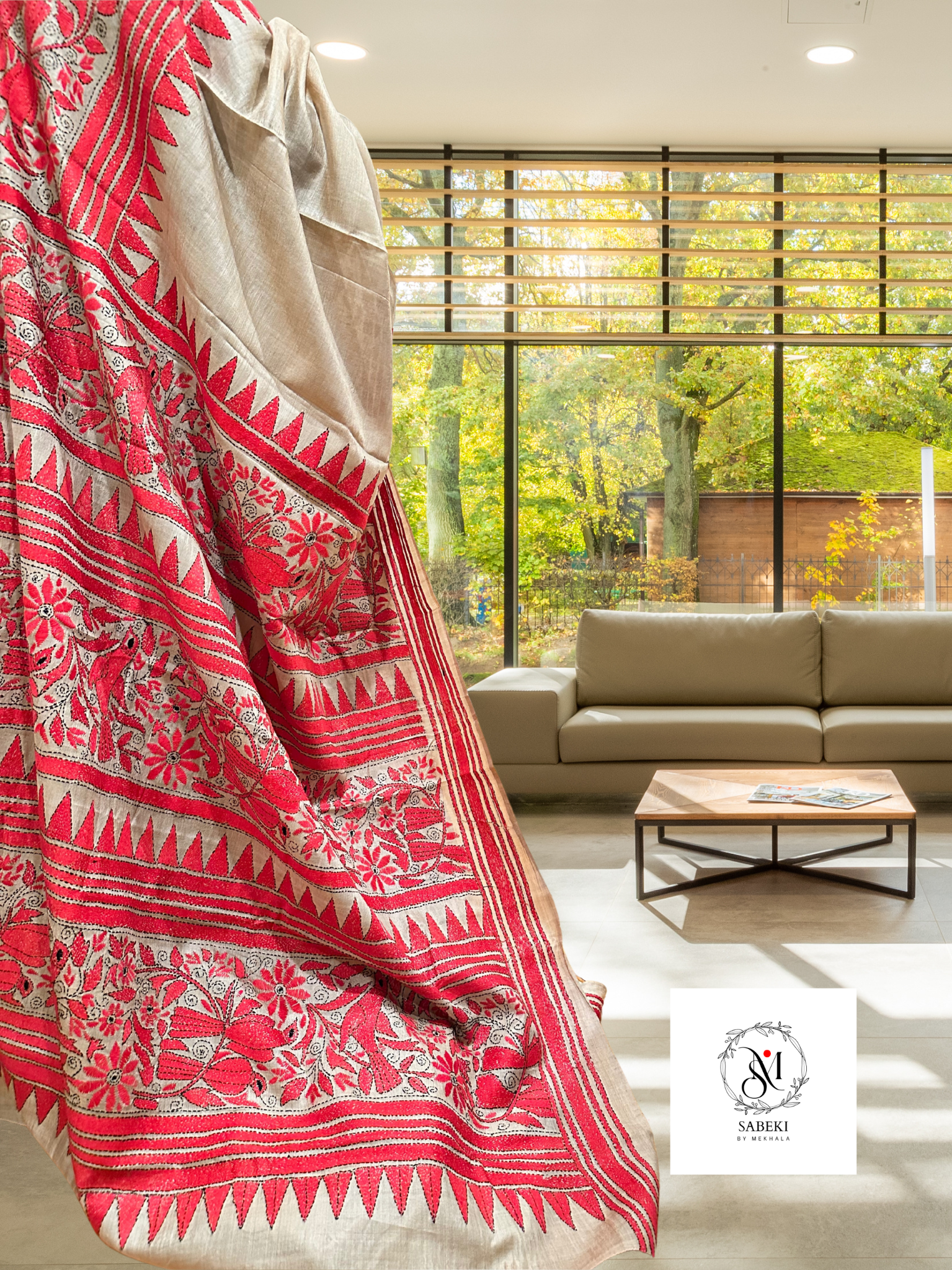 Red and Back Bird Kantha on Gachi Tussar