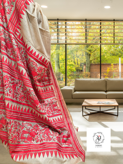 Red and Back Bird Kantha on Gachi Tussar