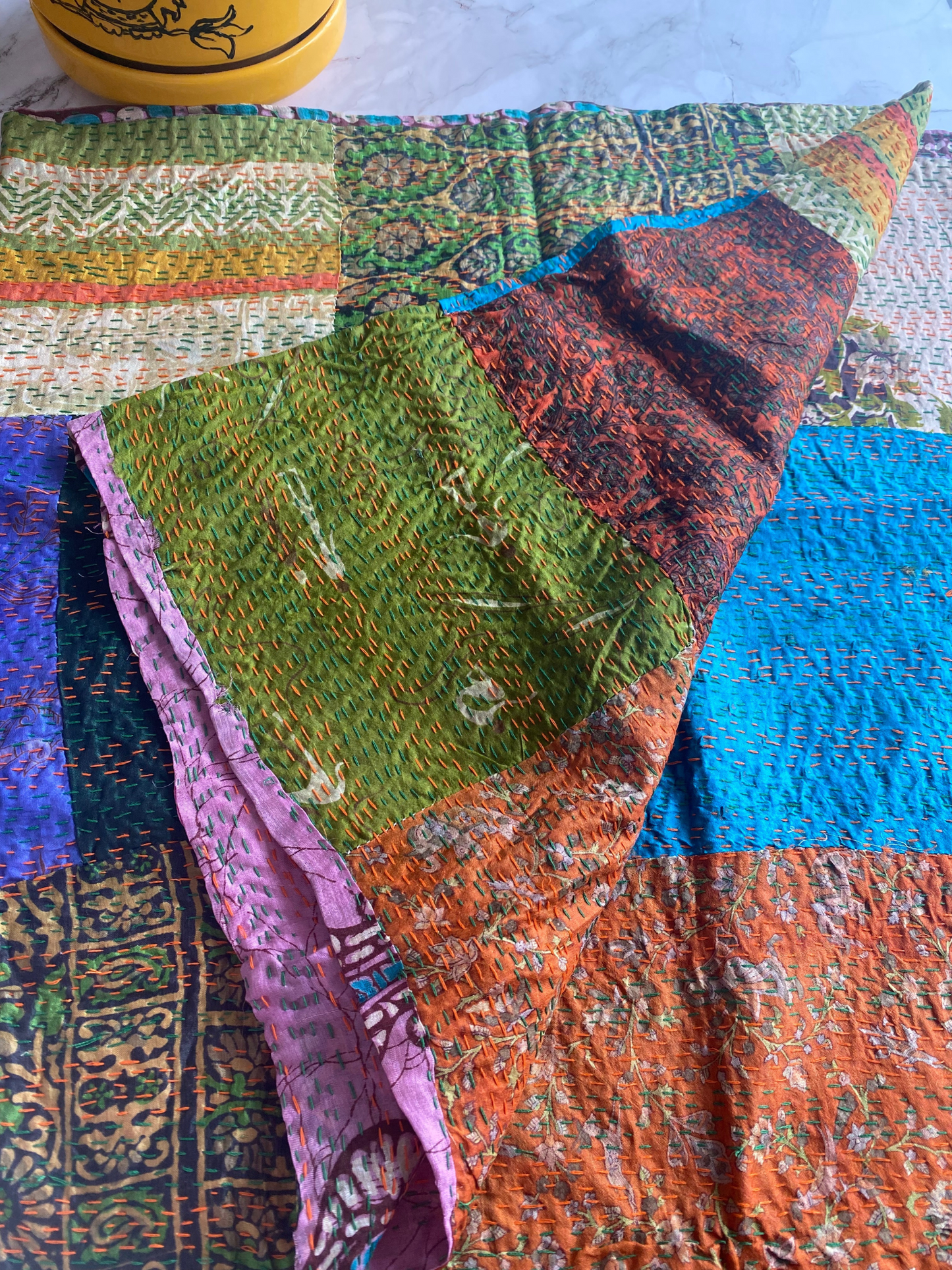 Reversible silk kantha stole