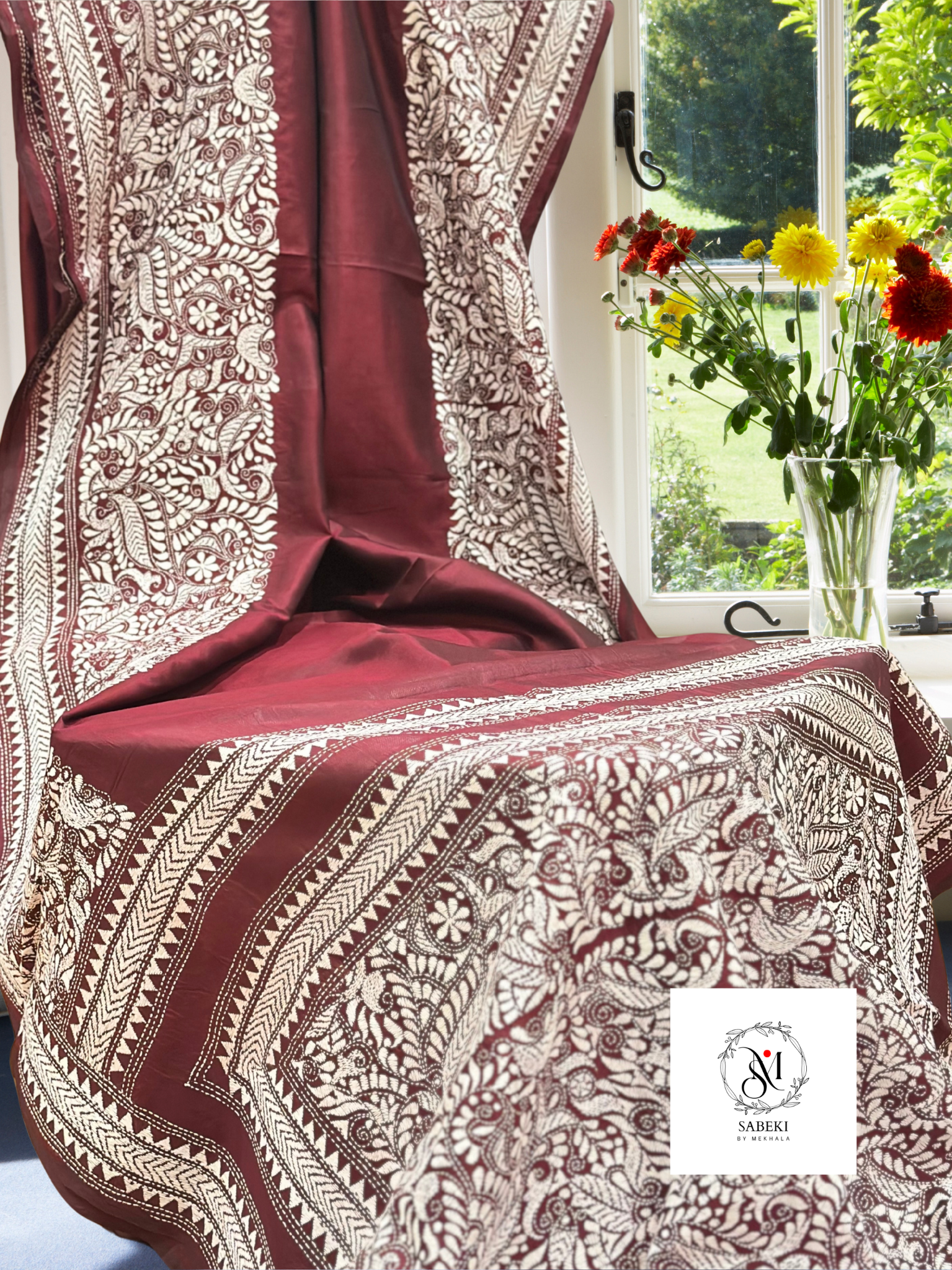 Maroon Bangalore Silk Kantha with Meenakari work with white thread