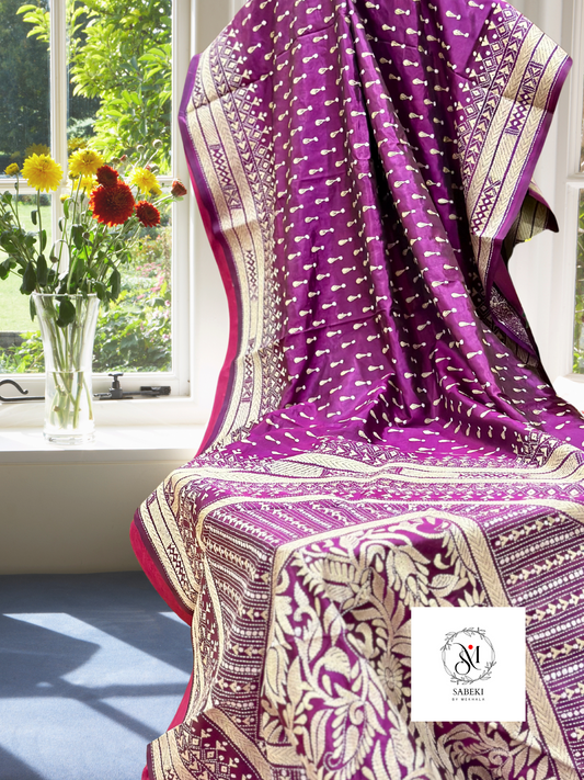 Puple Pink Bangalore Silk Meenakari Kantha