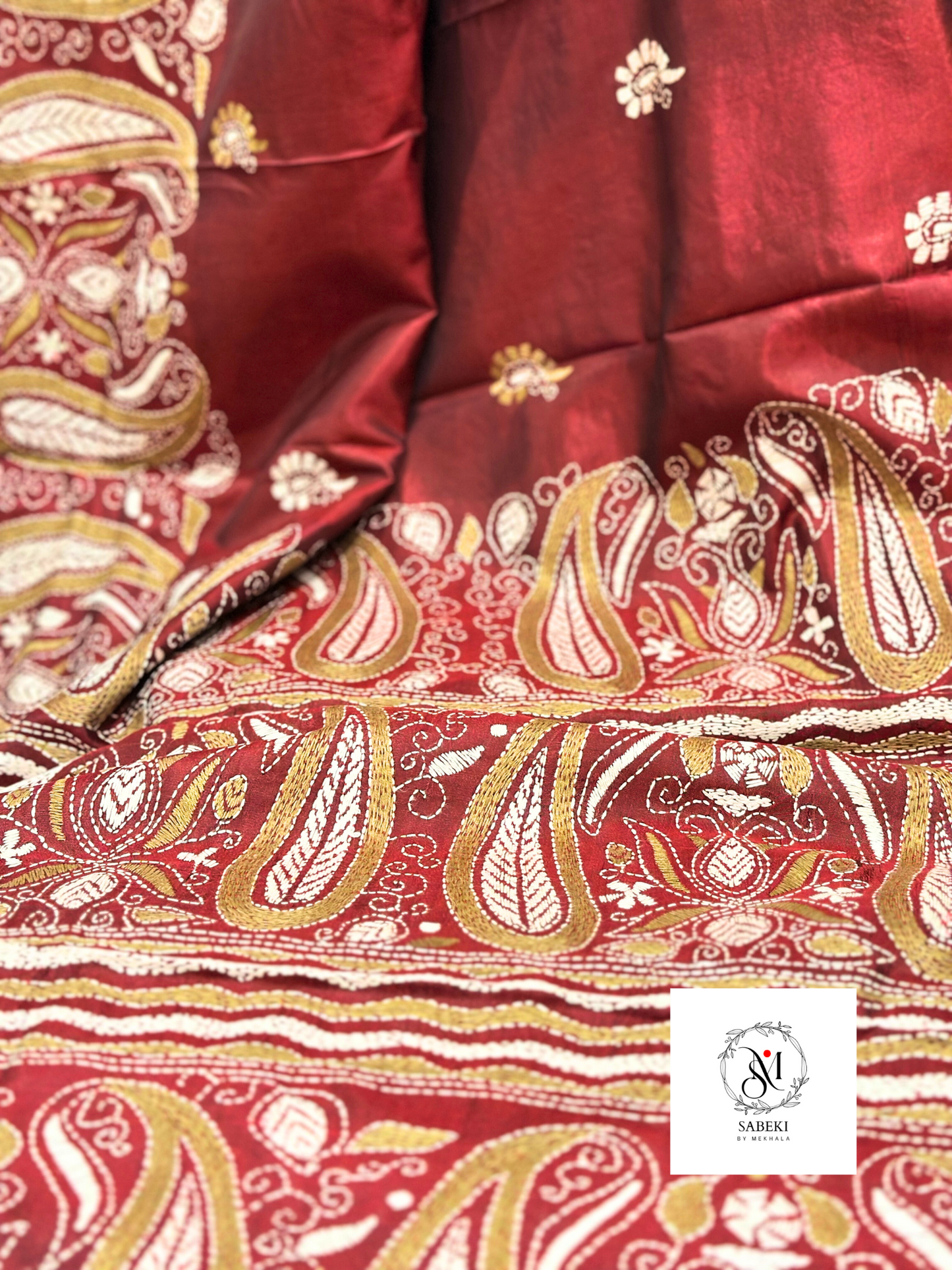 1 Maroon Bangalore Silk Kantha with Meenakari work