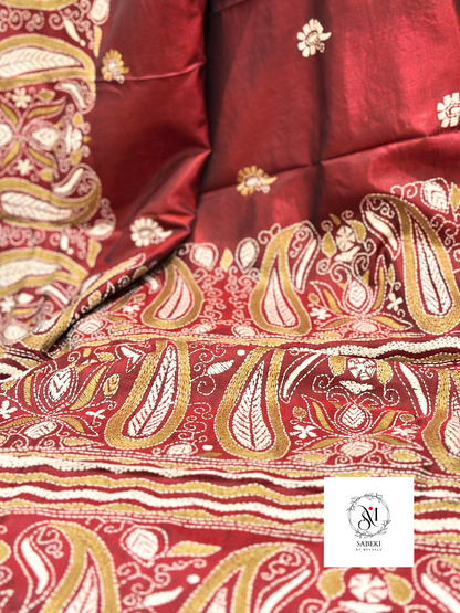 1 Maroon Bangalore Silk Kantha with Meenakari work