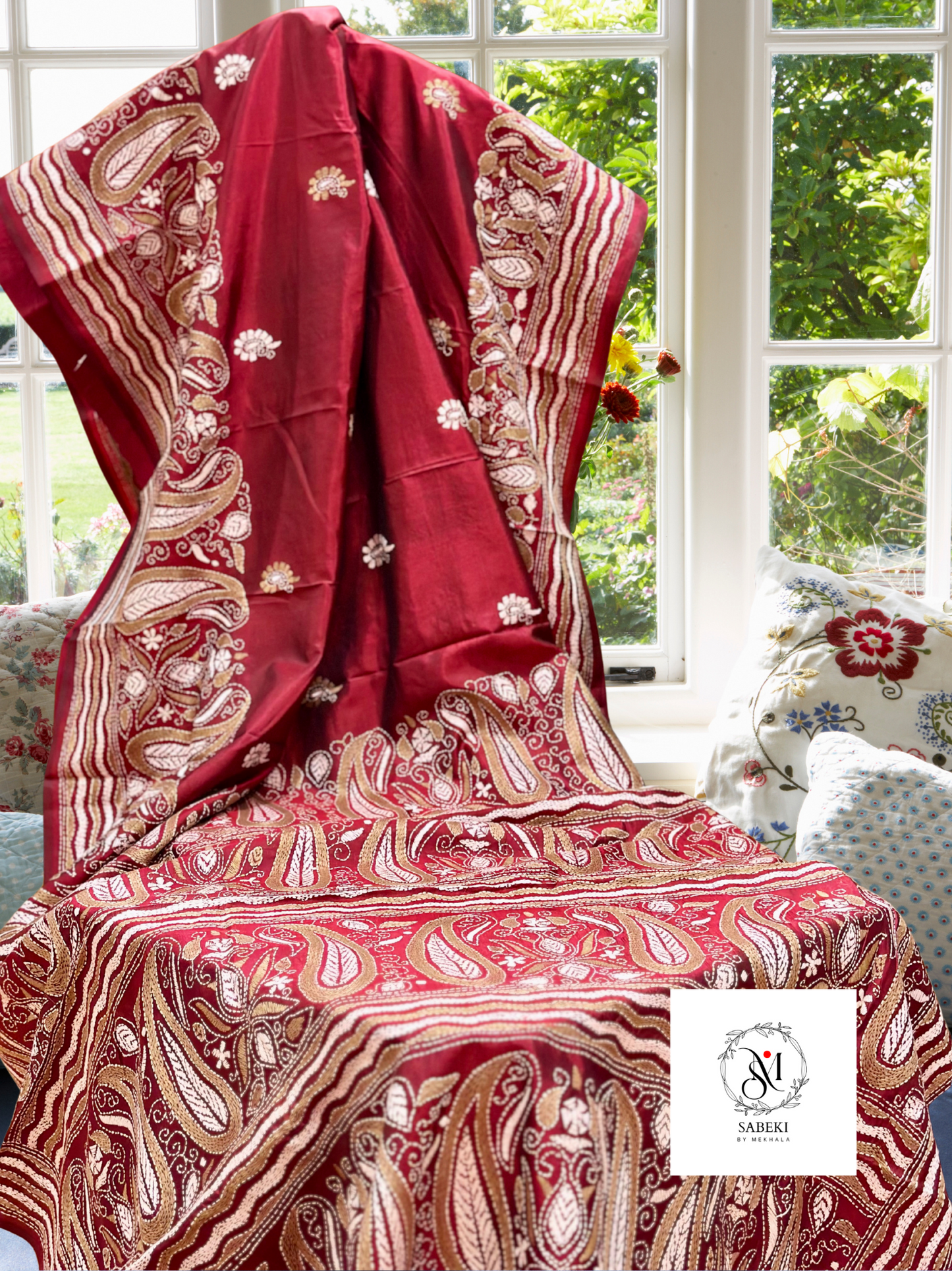 1 Maroon Bangalore Silk Kantha with Meenakari work