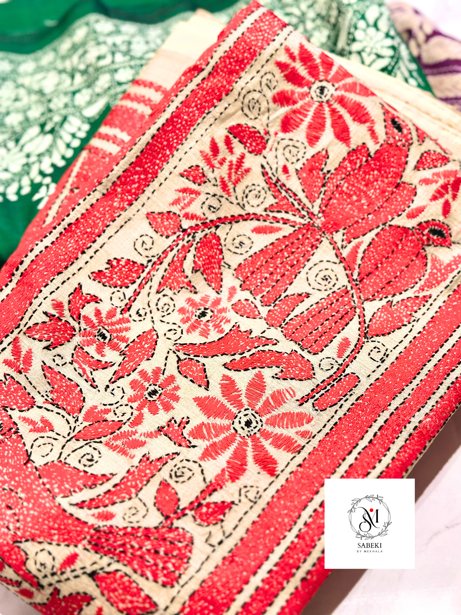 Red and Back Bird Kantha on Gachi Tussar