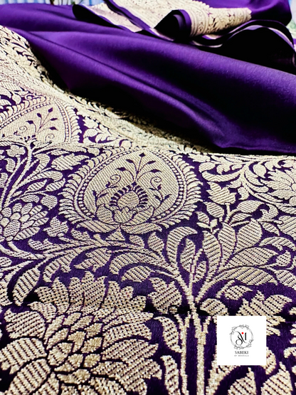 Handwoven Purple-Blue Mashru Katan Banarasi