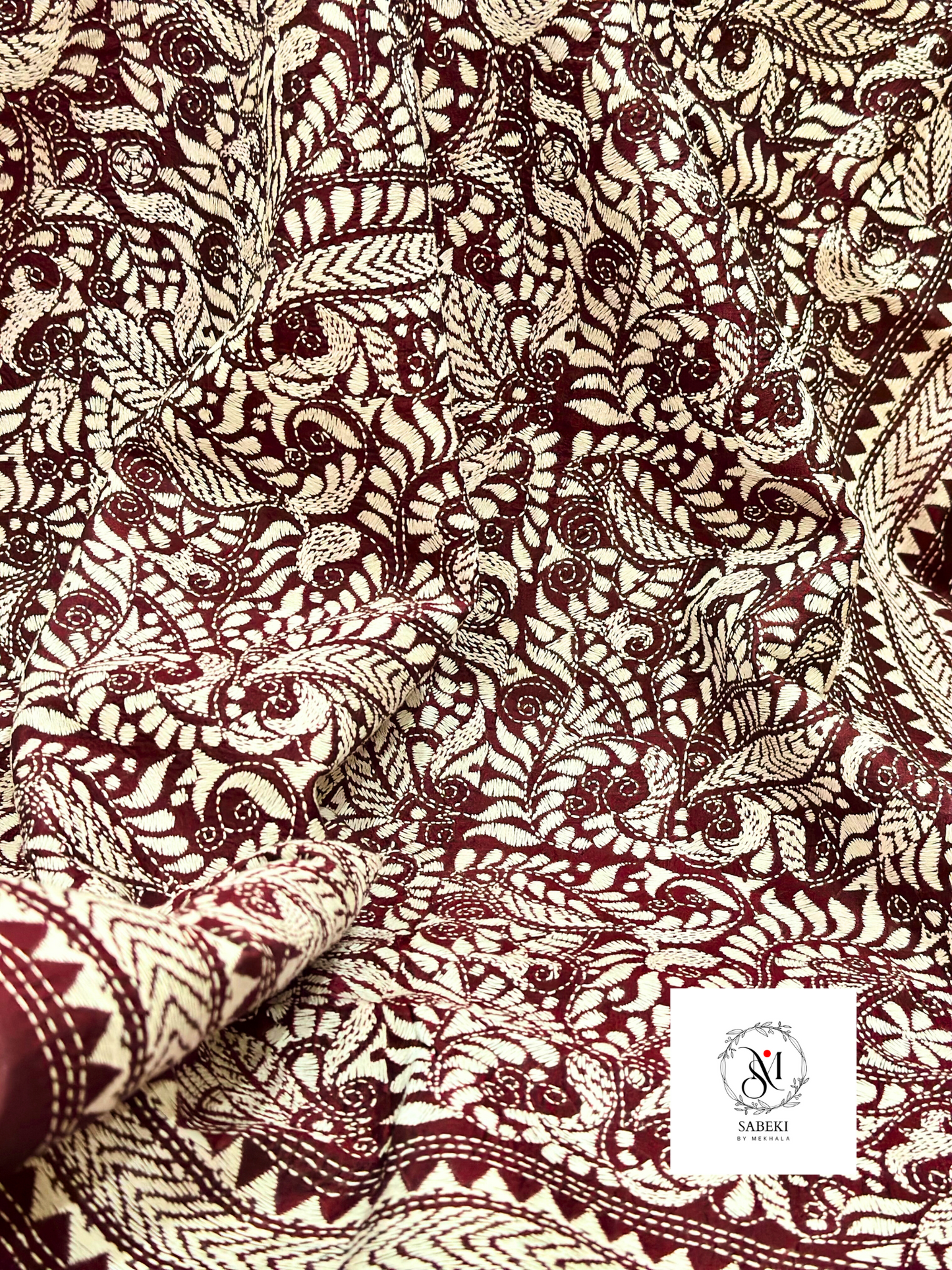 Maroon Bangalore Silk Kantha with Meenakari work with white thread